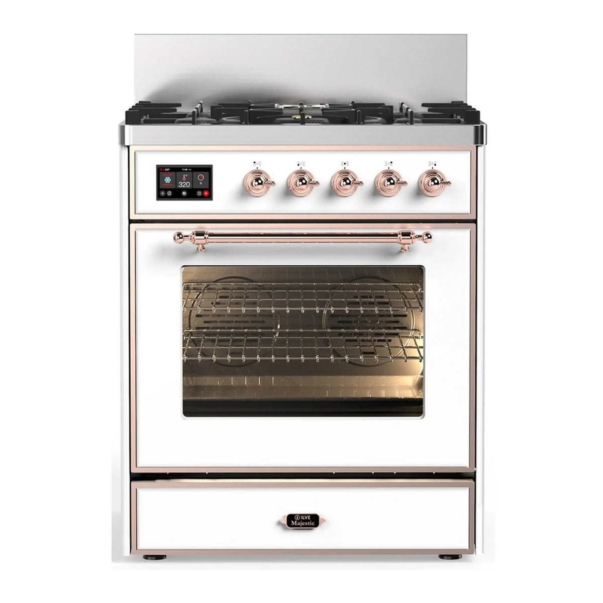 ILVE Majestic III 30-Inch Natural Gas Dual Fuel Range, 5 Burners, Triple Glass Door Oven, White with Copper Trim (UM30NR3WHP)