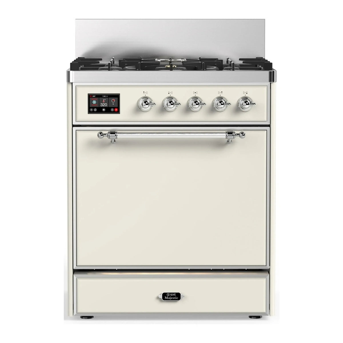 ILVE Majestic III 30-Inch Propane Dual Fuel Range, 5 Burners, Solid Door Oven, Antique White with Chrome Trim (UM30QNR3AWCLP)