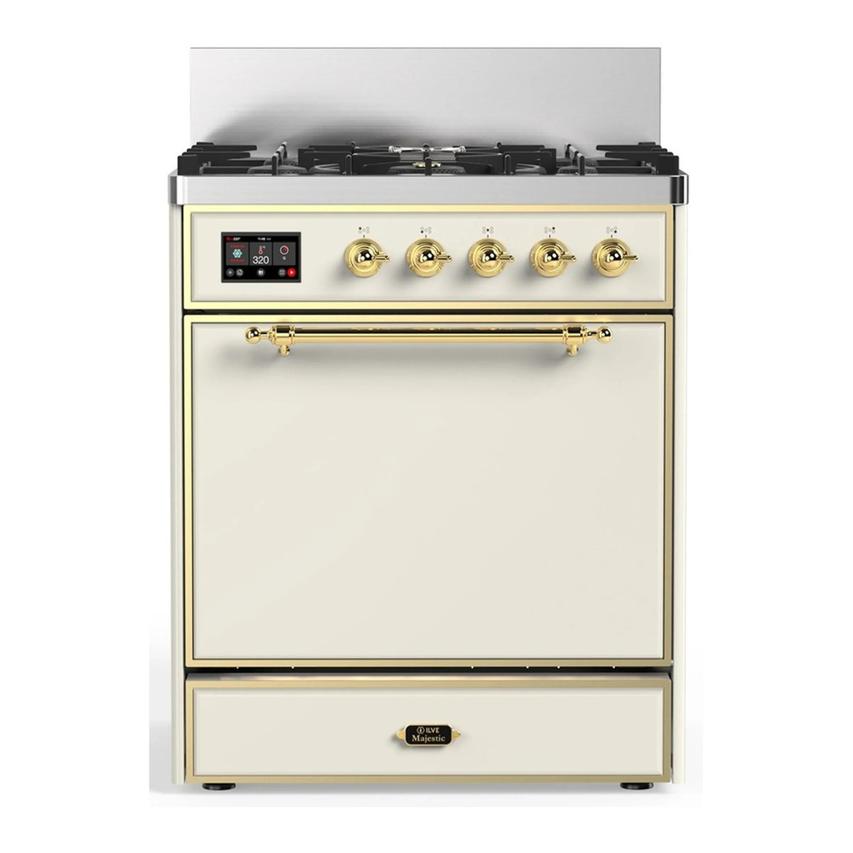 ILVE Majestic III 30-Inch Natural Gas Dual Fuel Range, 5 Burners, Solid Door Oven, Antique White with Brass Trim (UM30QNR3AWG)