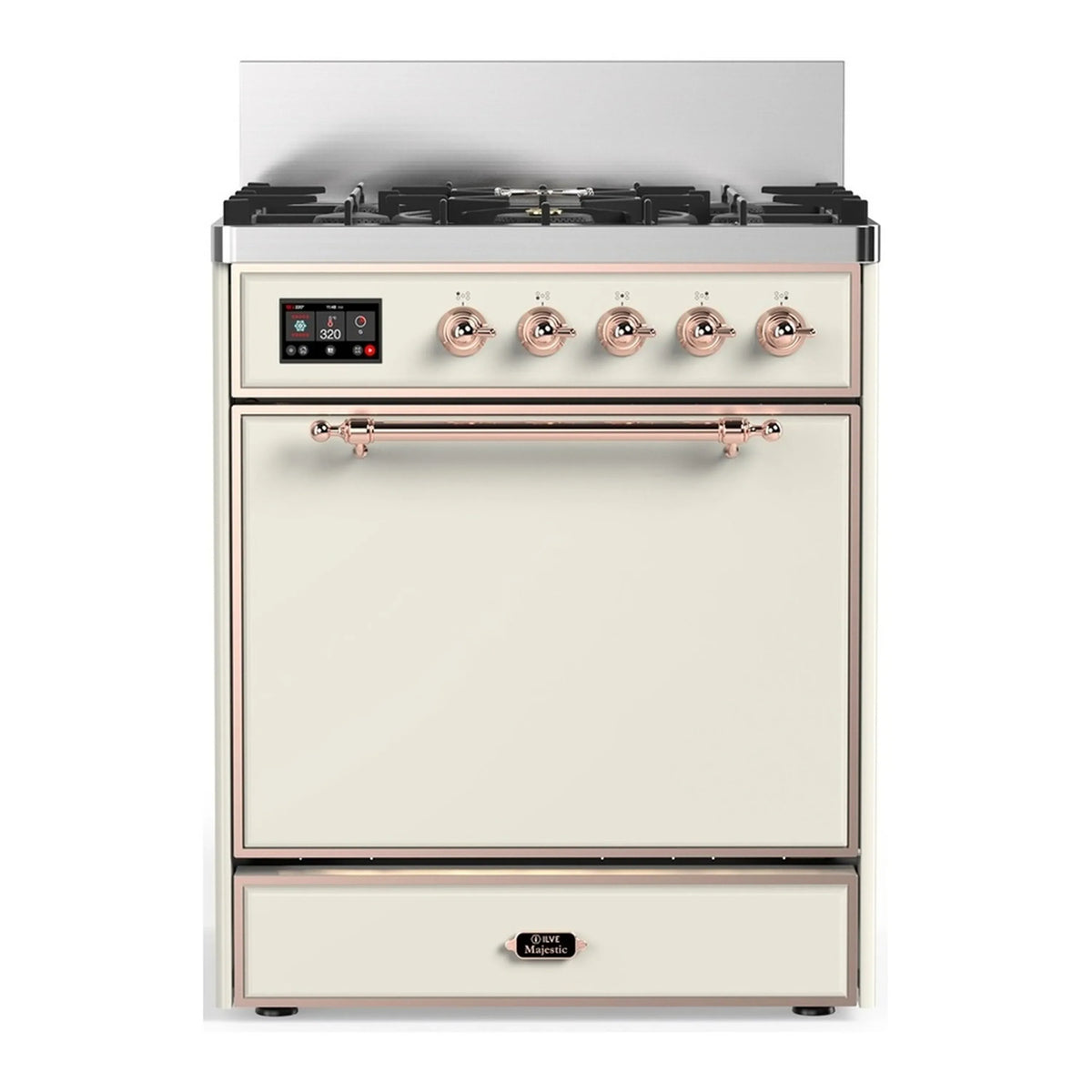 ILVE Majestic III 30-Inch Propane Dual Fuel Range, 5 Burners, Solid Door Oven, Antique White with Copper Trim (UM30QNR3AWPLP)