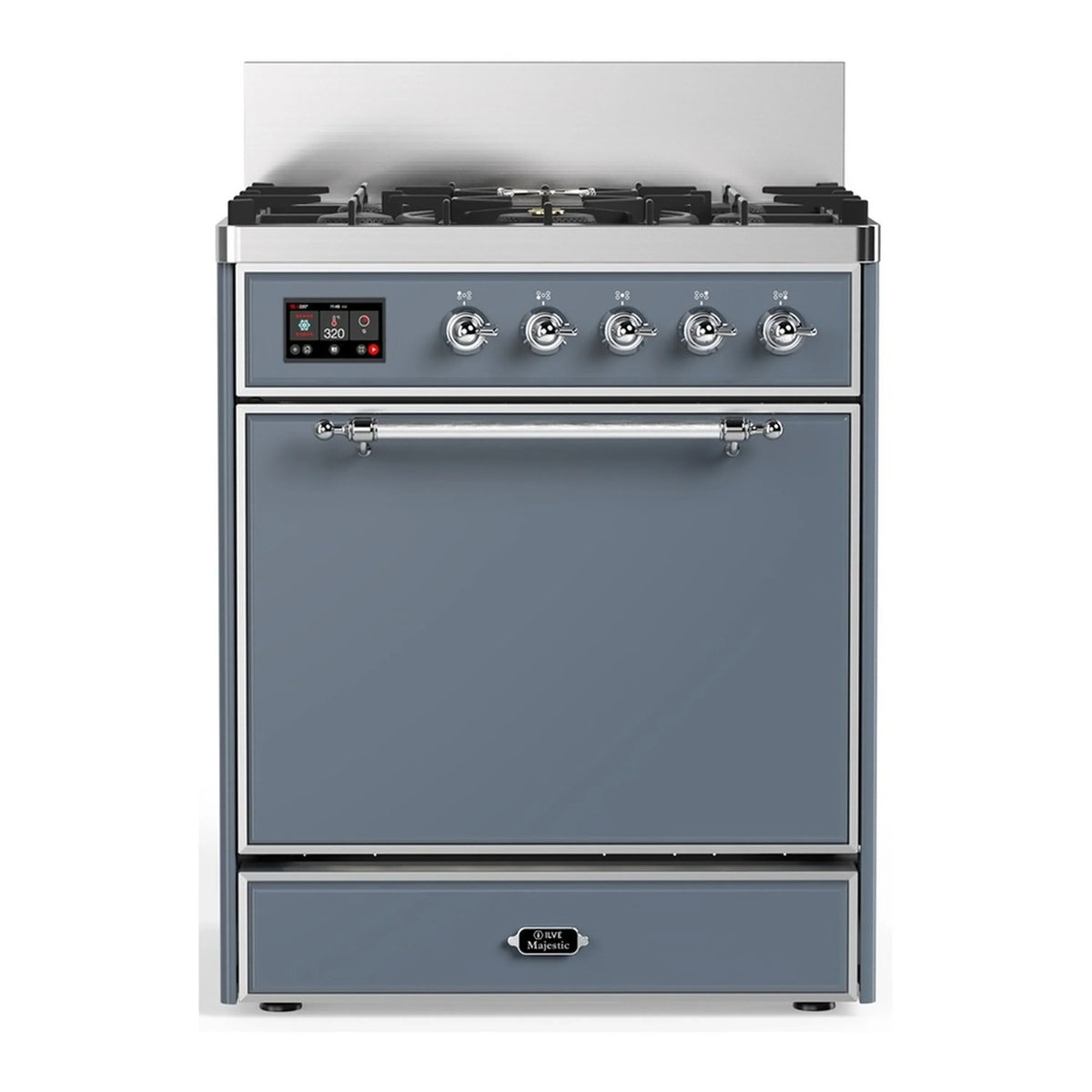 ILVE Majestic III 30-Inch Propane Dual Fuel Range, 5 Burners, Solid Door Oven, Blue Grey with Chrome Trim (UM30QNR3BGCLP)