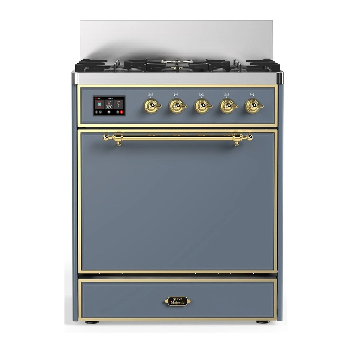ILVE Majestic III 30-Inch Natural Gas Dual Fuel Range, 5 Burners, Solid Door Oven, Blue Grey with Brass Trim (UM30QNR3BGG)