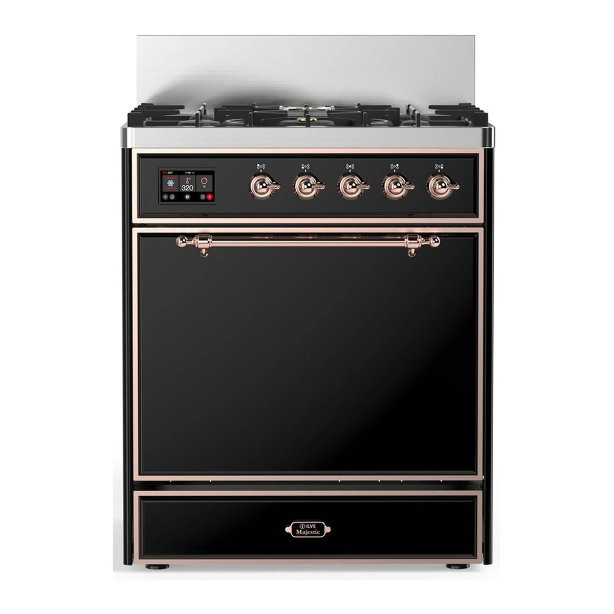 ILVE Majestic III 30-Inch Natural Gas Dual Fuel Range, 5 Burners, Solid Door Oven, Glossy Black with Copper Trim (UM30QNR3BKP)