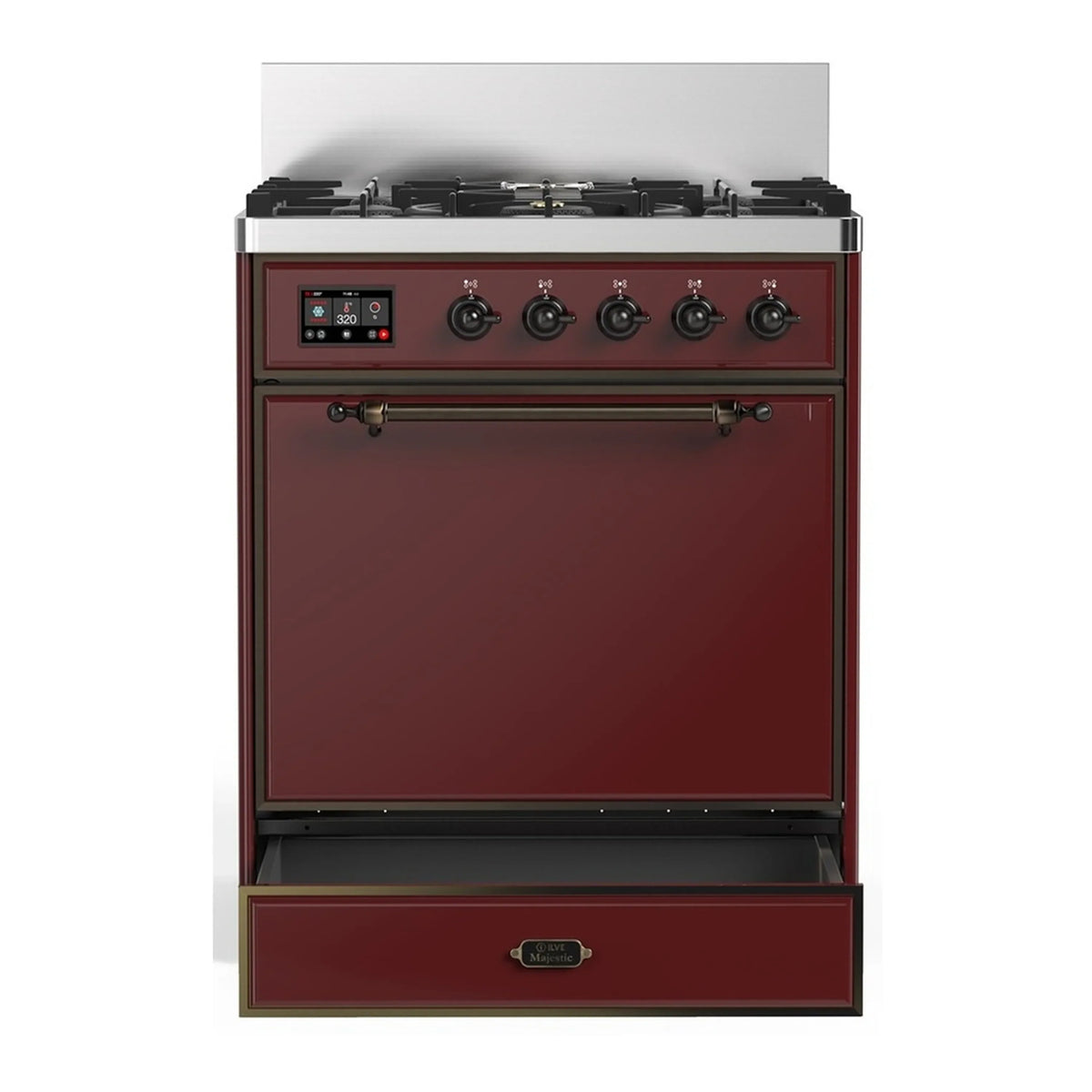 ILVE Majestic III 30-Inch Propane Dual Fuel Range, 5 Burners, Solid Door Oven, Burgundy with Burnished Trim (UM30QNR3BUBLP)