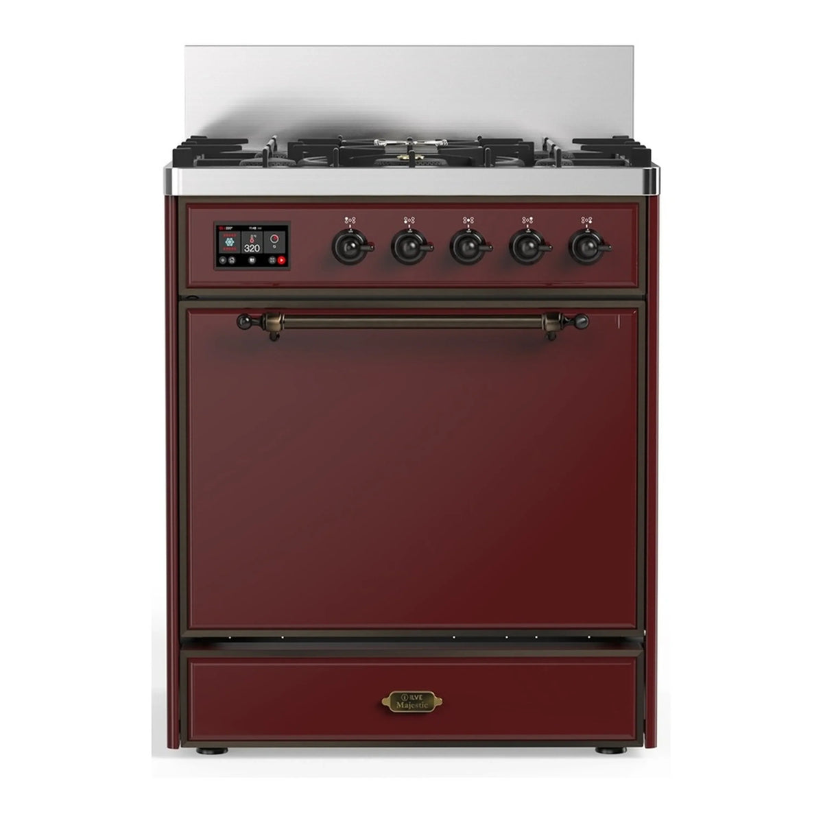 ILVE Majestic III 30-Inch Natural Gas Dual Fuel Range, 5 Burners, Solid Door Oven, Burgundy with Burnished Trim (UM30QNR3BUB)