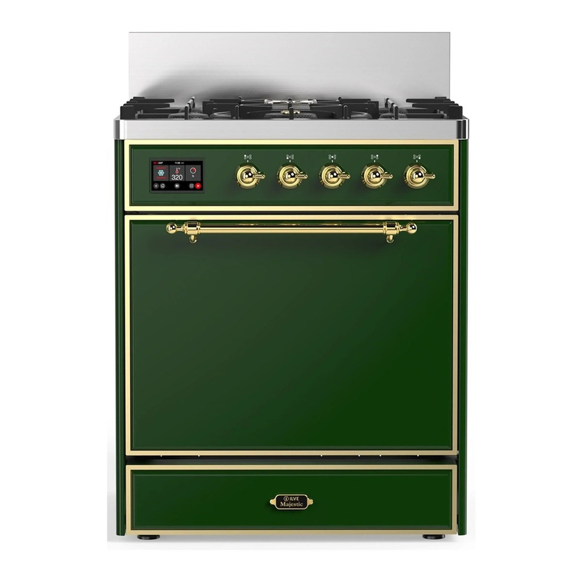 ILVE Majestic III 30-Inch Natural Gas Dual Fuel Range, 5 Burners, Solid Door Oven, Emerald Green with Brass Trim (UM30QNR3EGG)