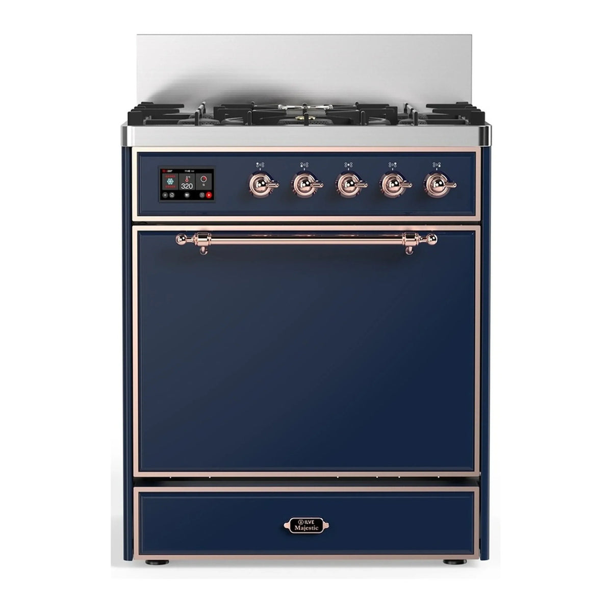 ILVE Majestic III 30-Inch Natural Gas Dual Fuel Range, 5 Burners, Solid Door Oven, Midnight Blue with Copper Trim (UM30QNR3MBP)
