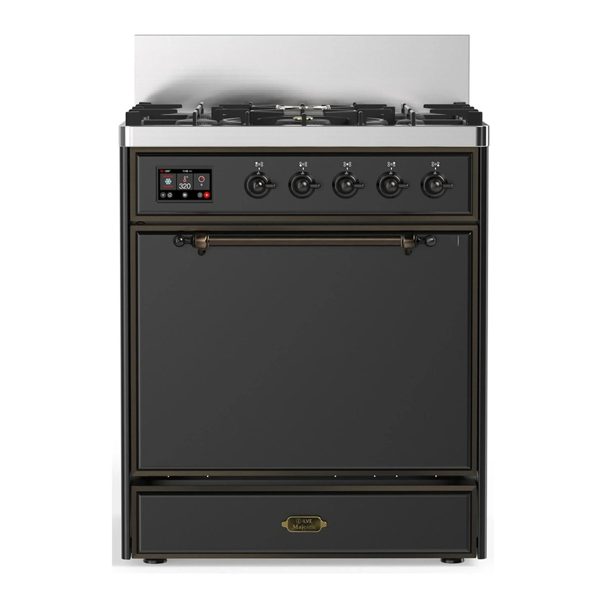 ILVE Majestic III 30-Inch Natural Gas Dual Fuel Range, 5 Burners, Solid Door Oven, Graphite Matte with Burnished Trim (UM30QNR3MGB)