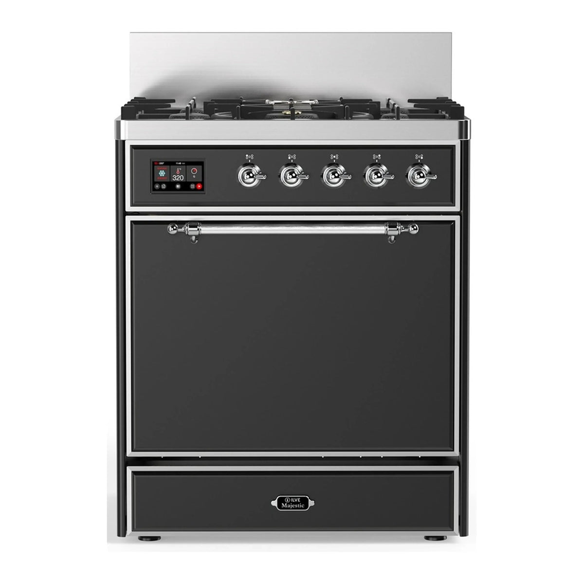 ILVE Majestic III 30-Inch Natural Gas Dual Fuel Range, 5 Burners, Solid Door Oven, Graphite Matte with Chrome Trim (UM30QNR3MGC)