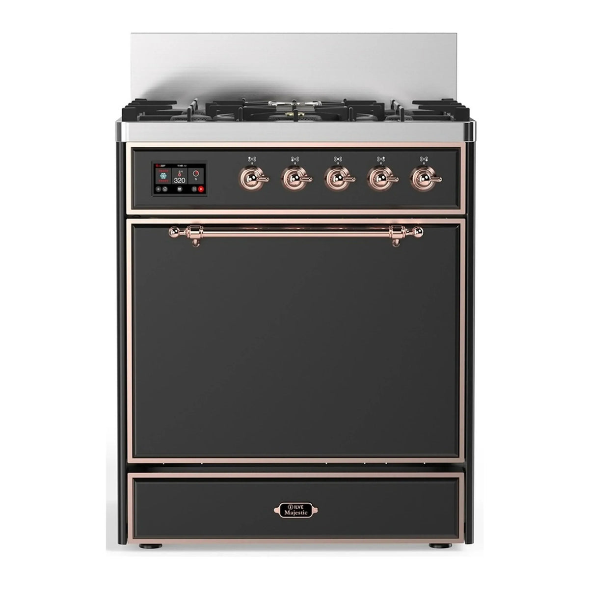 ILVE Majestic III 30-Inch Natural Gas Dual Fuel Range, 5 Burners, Solid Door Oven, Graphite Matte with Copper Trim (UM30QNR3MGP)