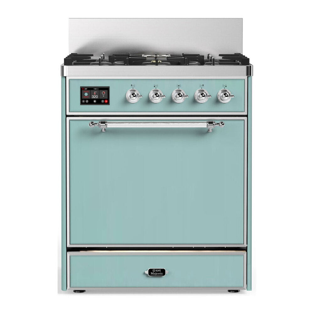 ILVE Majestic III 30-Inch Natural Gas Dual Fuel Range, 5 Burners, Solid Door Oven, Mediterranean Mint with Chrome Trim (UM30QNR3MMC)