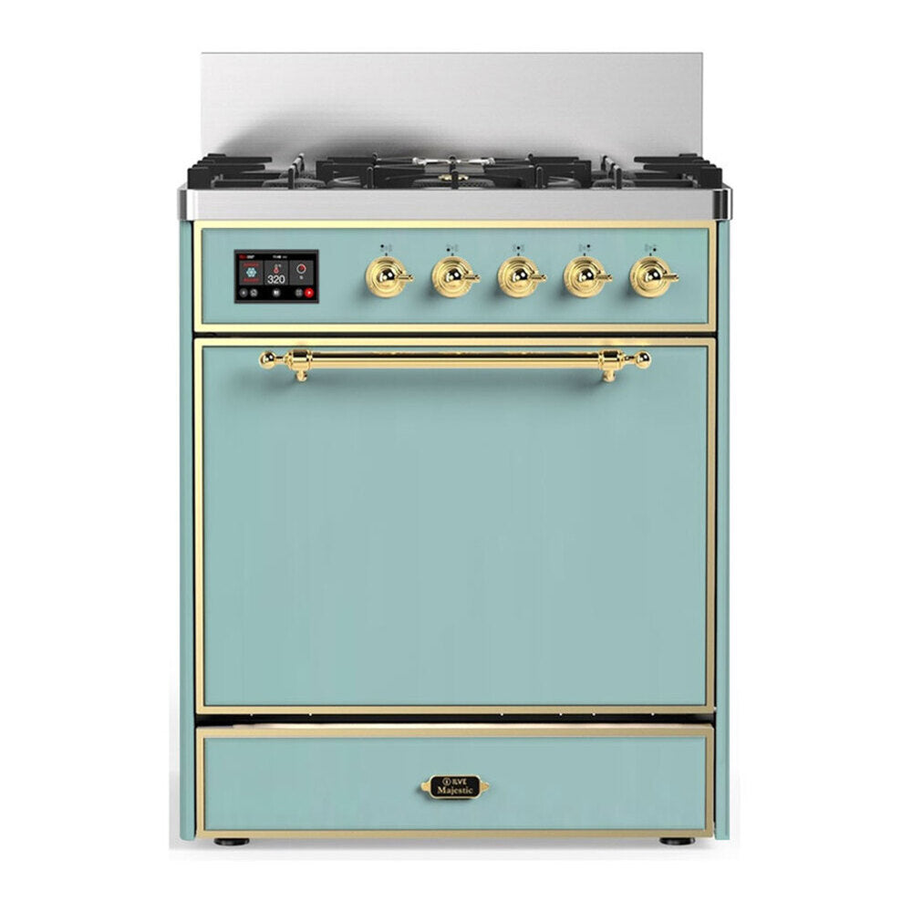 ILVE Majestic III 30-Inch Natural Gas Dual Fuel Range, 5 Burners, Solid Door Oven, Mediterranean Mint with Brass Trim (UM30QNR3MMG)