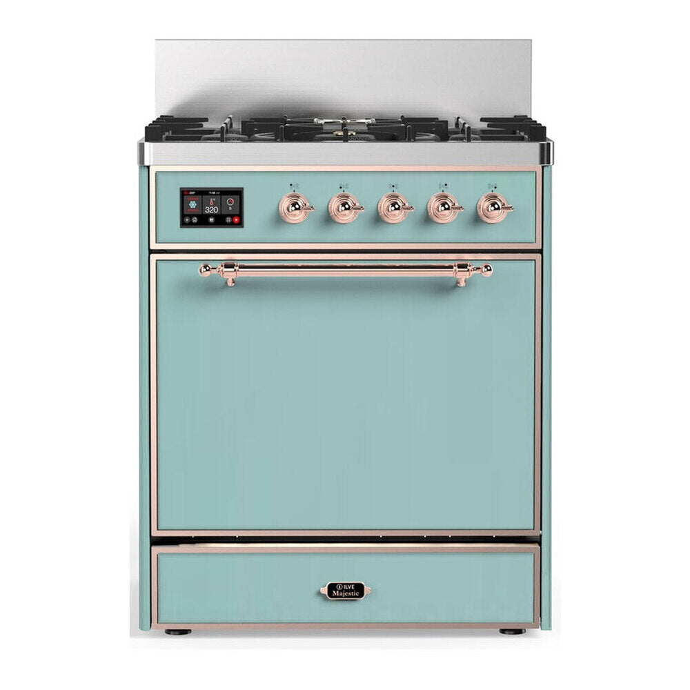 ILVE Majestic III 30-Inch Natural Gas Dual Fuel Range, 5 Burners, Solid Door Oven, Mediterranean Mint with Copper Trim (UM30QNR3MMP)
