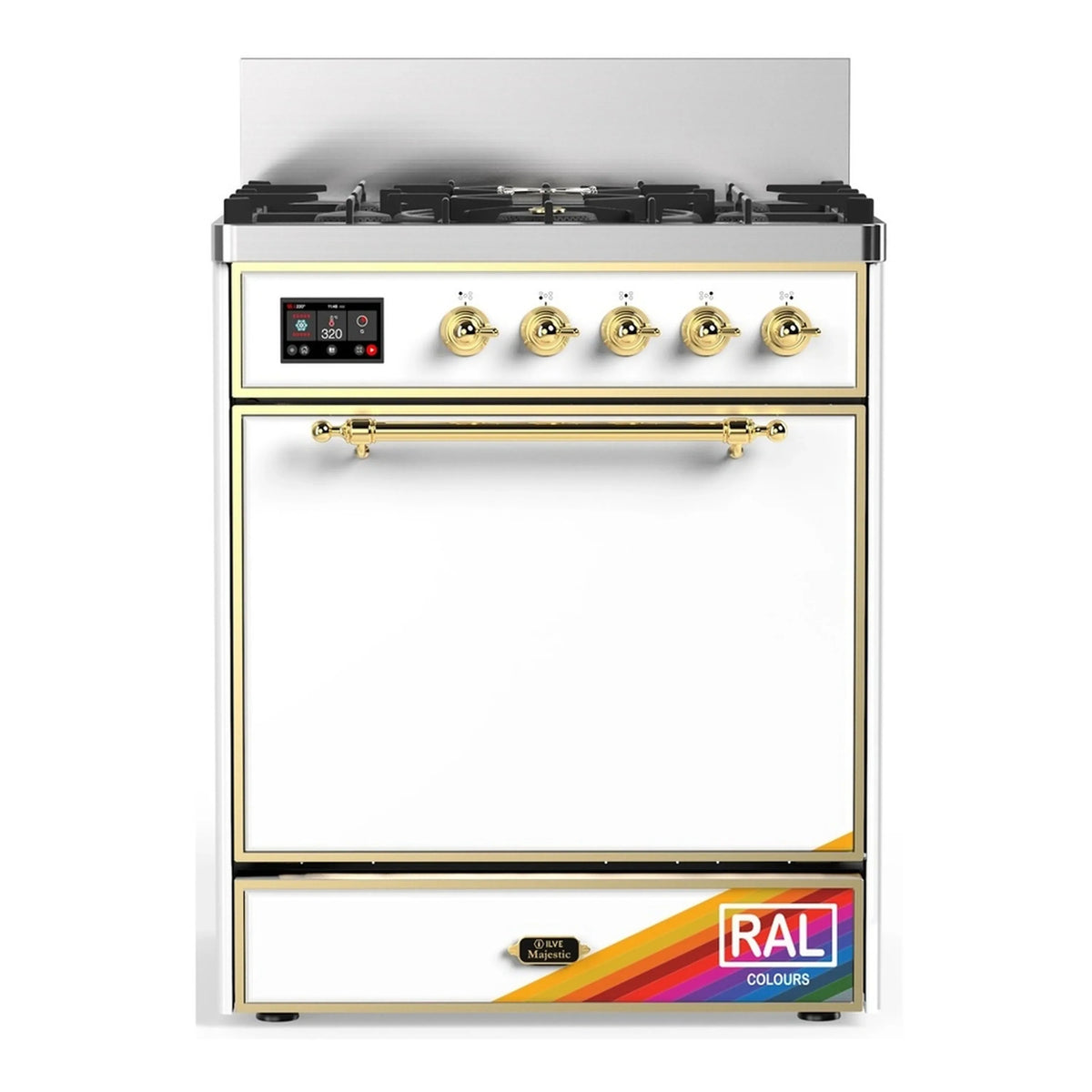 ILVE Majestic III 30-Inch Propane Dual Fuel Range, 5 Burners, Solid Door Oven, RAL with Brass Trim (UM30QNR3RAGLP)