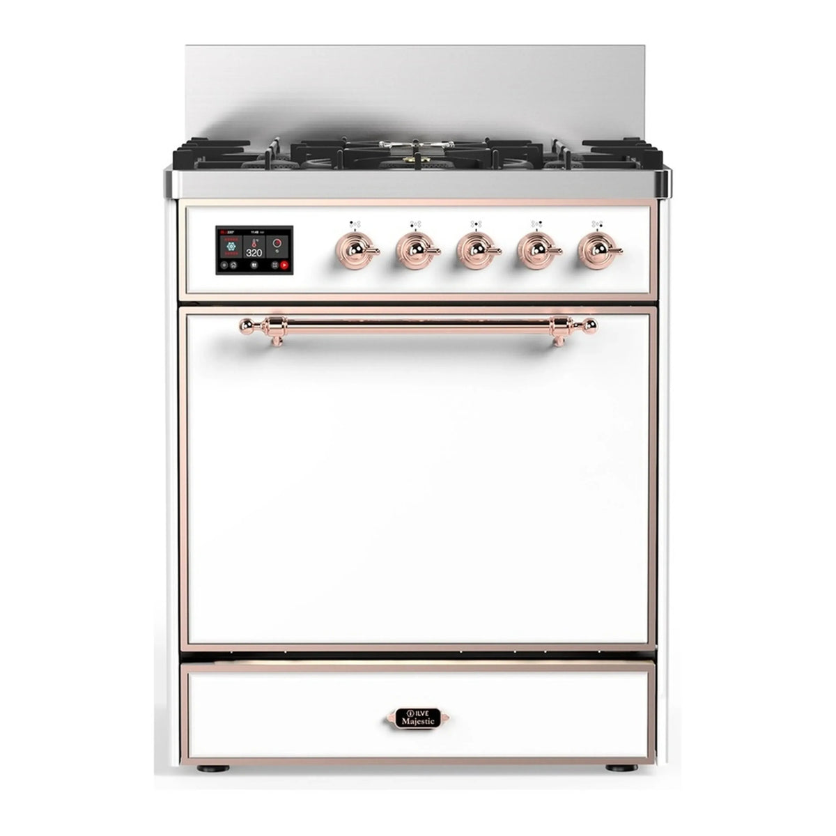 ILVE Majestic III 30-Inch Propane Dual Fuel Range, 5 Burners, Solid Door Oven, White with Copper Trim (UM30QNR3WHPLP)