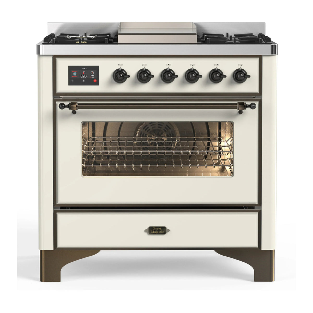 ILVE Majestic III 36-Inch Natural Gas Dual Fuel Range, 6 Burners, Griddle, Triple Glass Door, Antique White with Burnished Trim (UM36FNR3AWB)