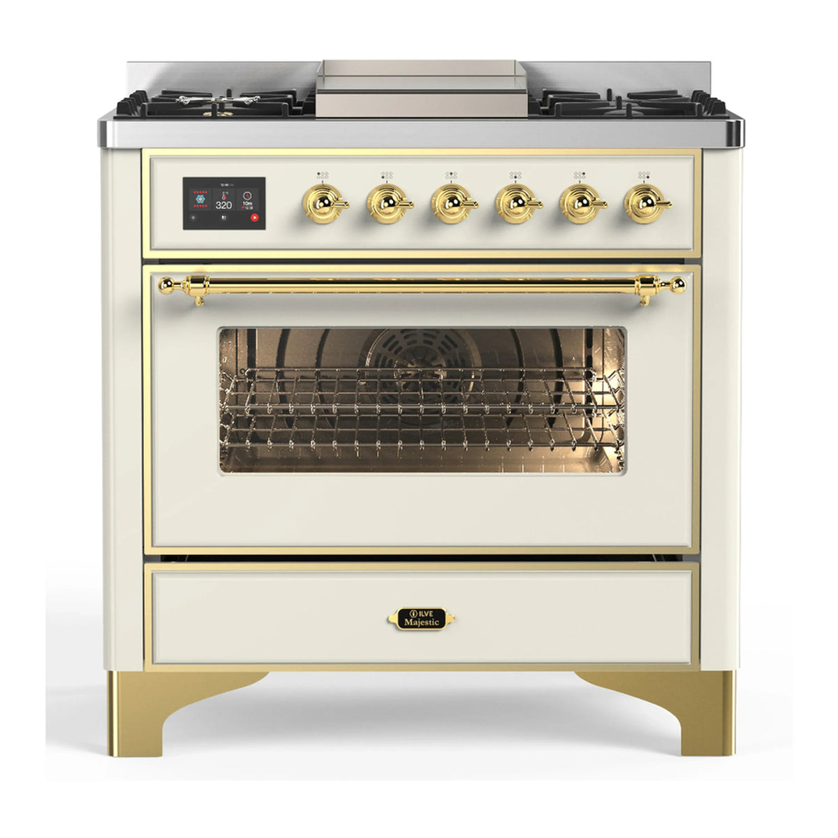 ILVE Majestic III 36-Inch Propane Dual Fuel Range, 5 Burners, Griddle, Triple Glass Door, Antique White with Brass Trim (UM36FNR3AWGLP)
