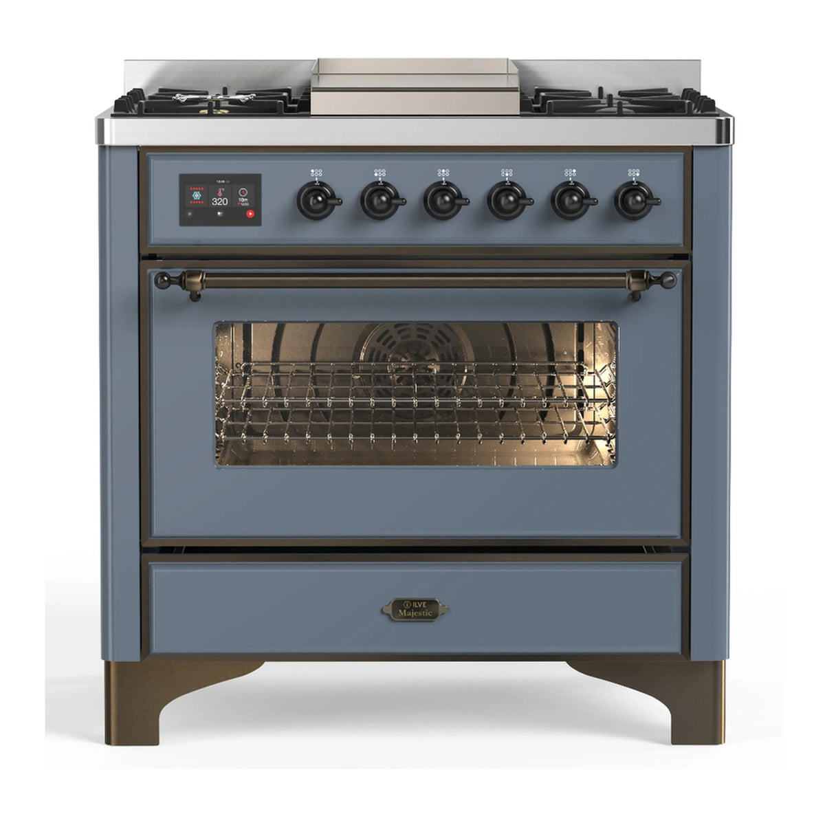 ILVE Majestic III 36-Inch Propane Dual Fuel Range, 5 Burners, Griddle, Triple Glass Door, Blue Grey with Burnished Trim (UM36FNR3BGBLP)
