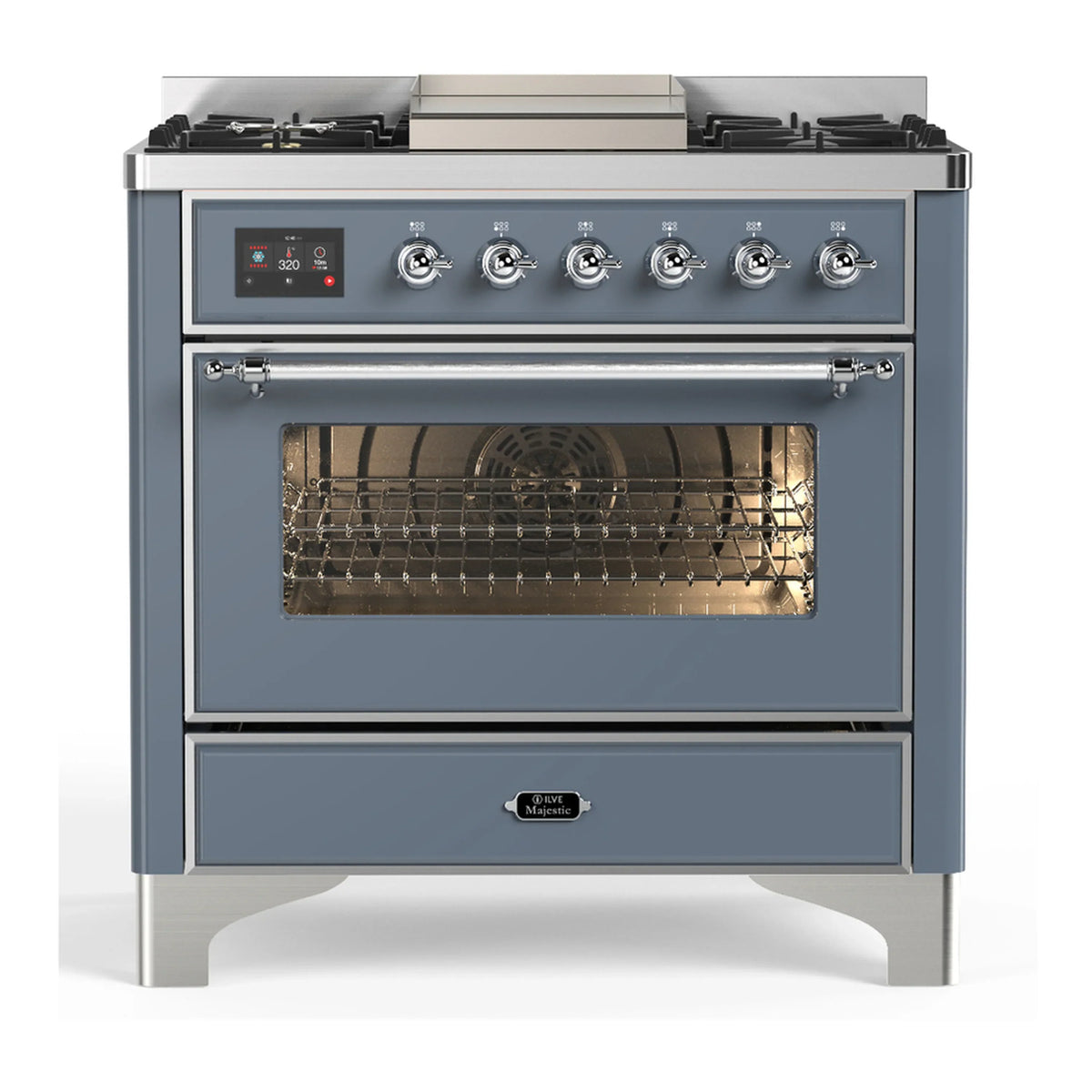 ILVE Majestic III 36-Inch Propane Dual Fuel Range, 5 Burners, Griddle, Triple Glass Door, Blue Grey with Chrome Trim (UM36FNR3BGCLP)