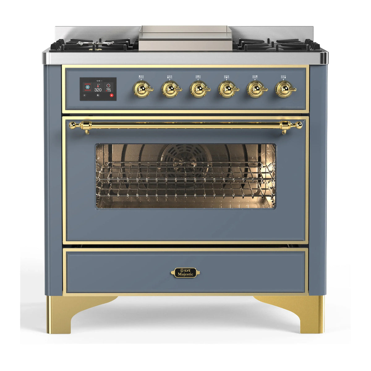 ILVE Majestic III 36-Inch Natural Gas Dual Fuel Range, 6 Burners, Griddle, Triple Glass Door, Blue Grey with Brass Trim (UM36FNR3BGG)