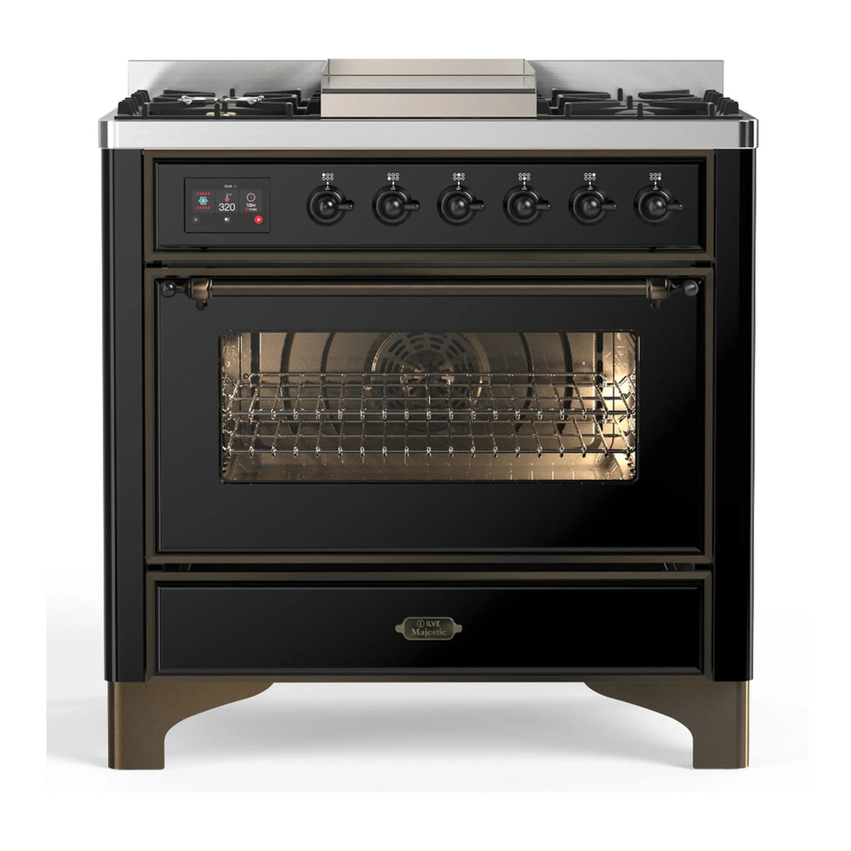 ILVE Majestic III 36-Inch Natural Gas Dual Fuel Range, 6 Burners, Griddle, Triple Glass Door, Glossy Black with Burnished Trim (UM36FNR3BKB)