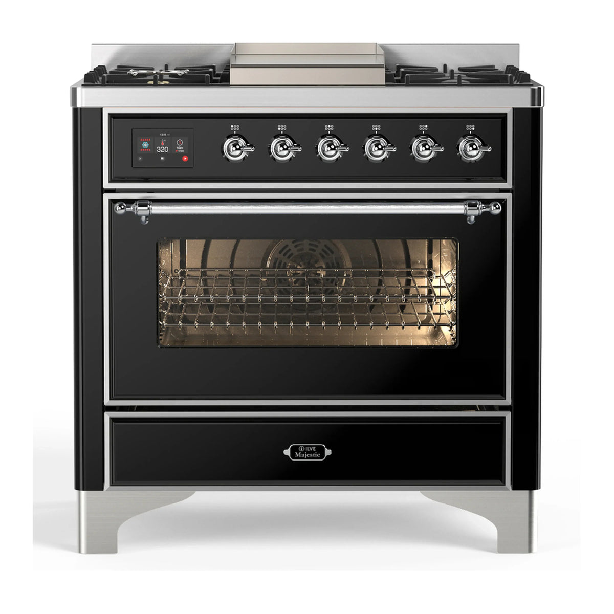 ILVE Majestic III 36-Inch Natural Gas Dual Fuel Range, 6 Burners, Griddle, Triple Glass Door, Glossy Black with Chrome Trim (UM36FNR3BKC)
