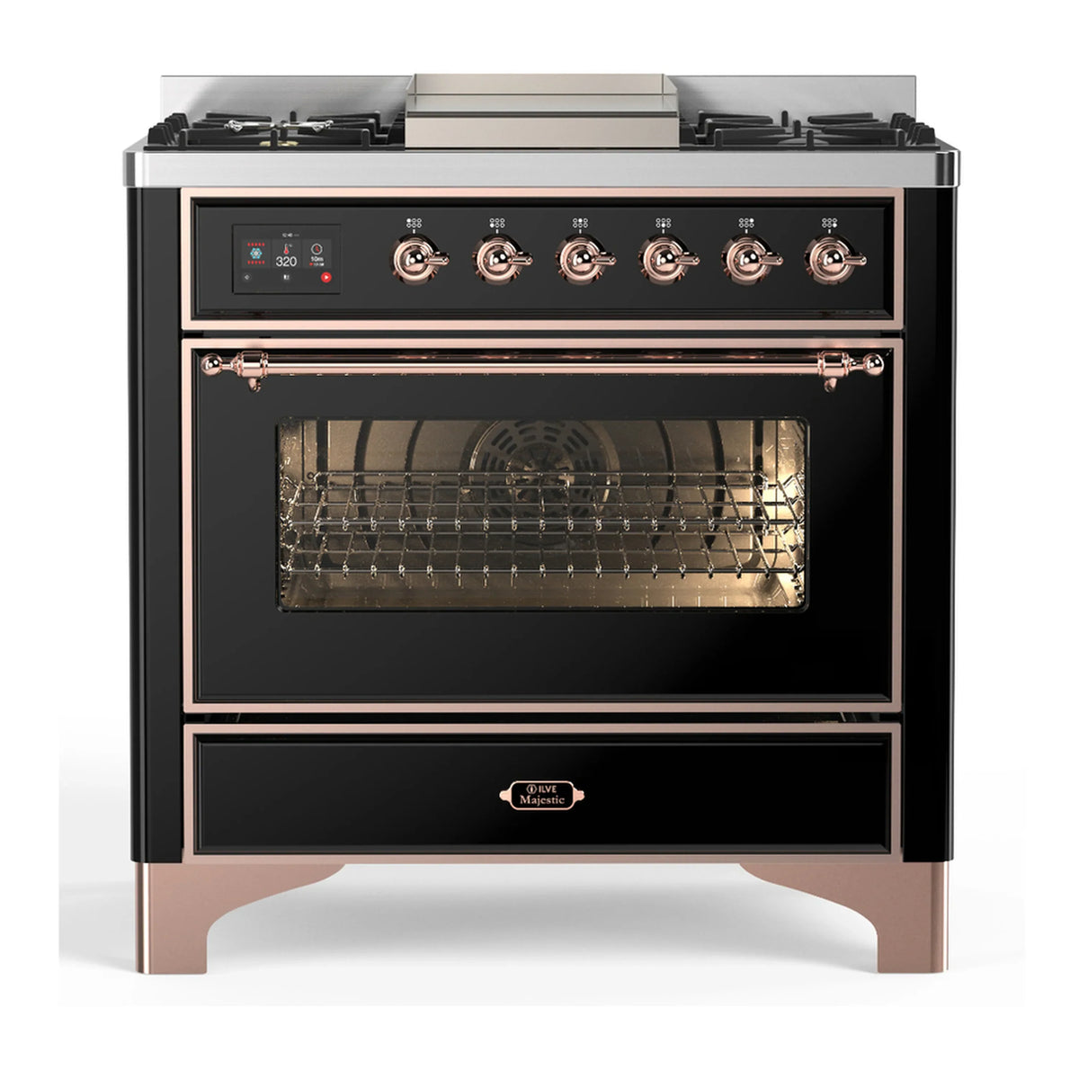 ILVE Majestic III 36-Inch Natural Gas Dual Fuel Range, 6 Burners, Griddle, Triple Glass Door, Glossy Black with Copper Trim (UM36FNR3BKP)