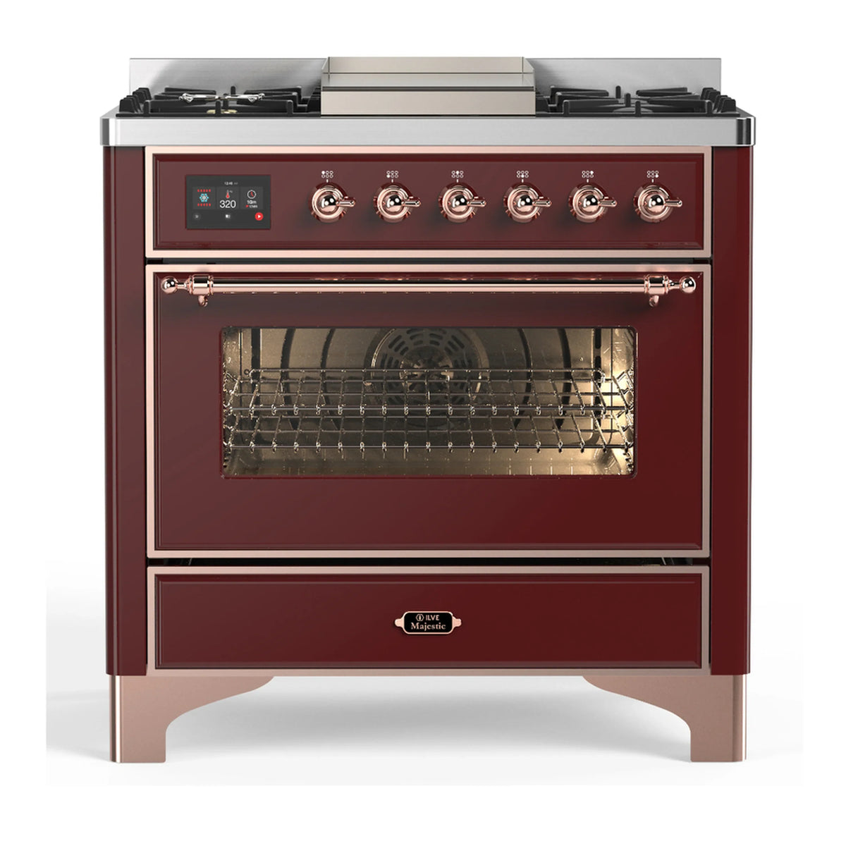 ILVE Majestic III 36-Inch Natural Gas Dual Fuel Range, 6 Burners, Griddle, Triple Glass Door, Burgundy with Copper Trim (UM36FNR3BUP)