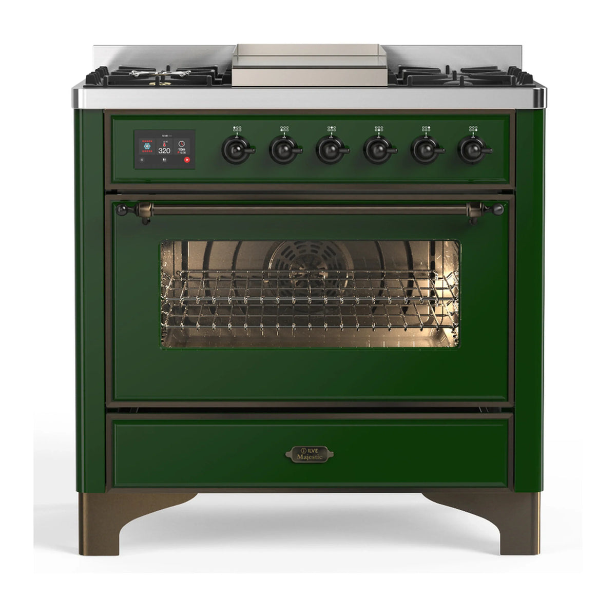 ILVE Majestic III 36-Inch Propane Dual Fuel Range, 5 Burners, Griddle, Triple Glass Door, Emerald Green with Burnished Trim (UM36FNR3EGBLP)