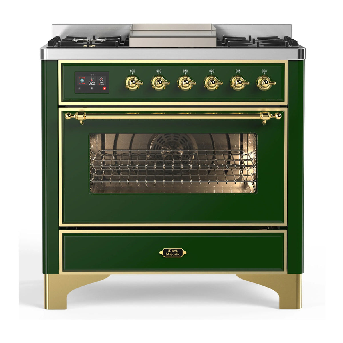 ILVE Majestic III 36-Inch Natural Gas Dual Fuel Range, 6 Burners, Griddle, Triple Glass Door, Emerald Green with Brass Trim (UM36FNR3EGG)