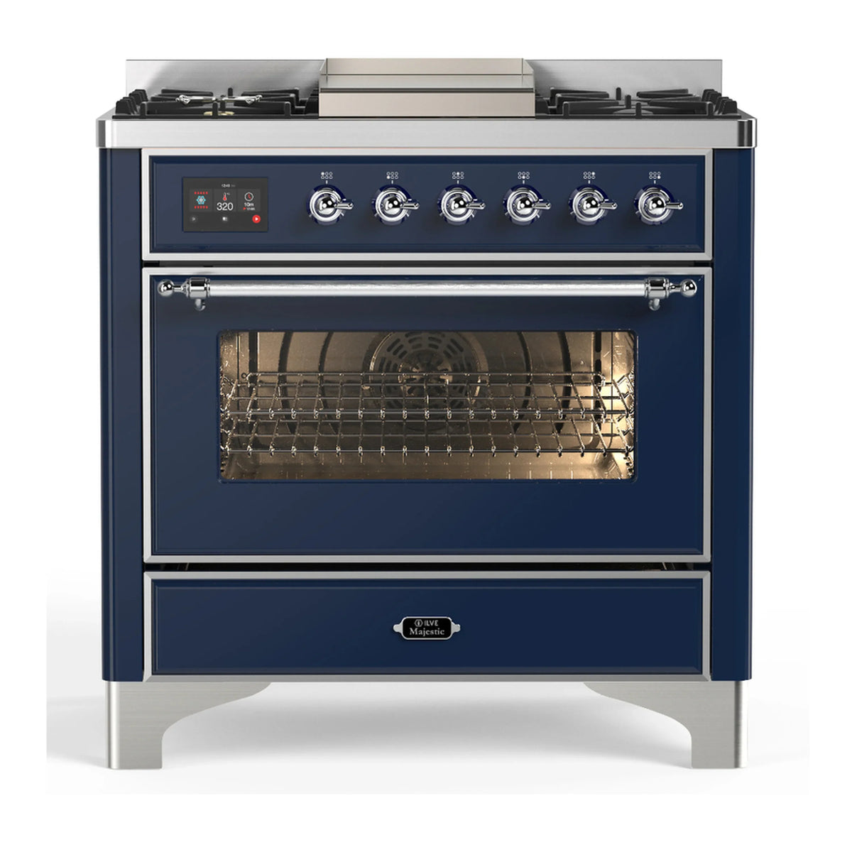 ILVE Majestic III 36-Inch Propane Dual Fuel Range, 5 Burners, Griddle, Triple Glass Door, Midnight Blue with Chrome Trim (UM36FNR3MBCLP)