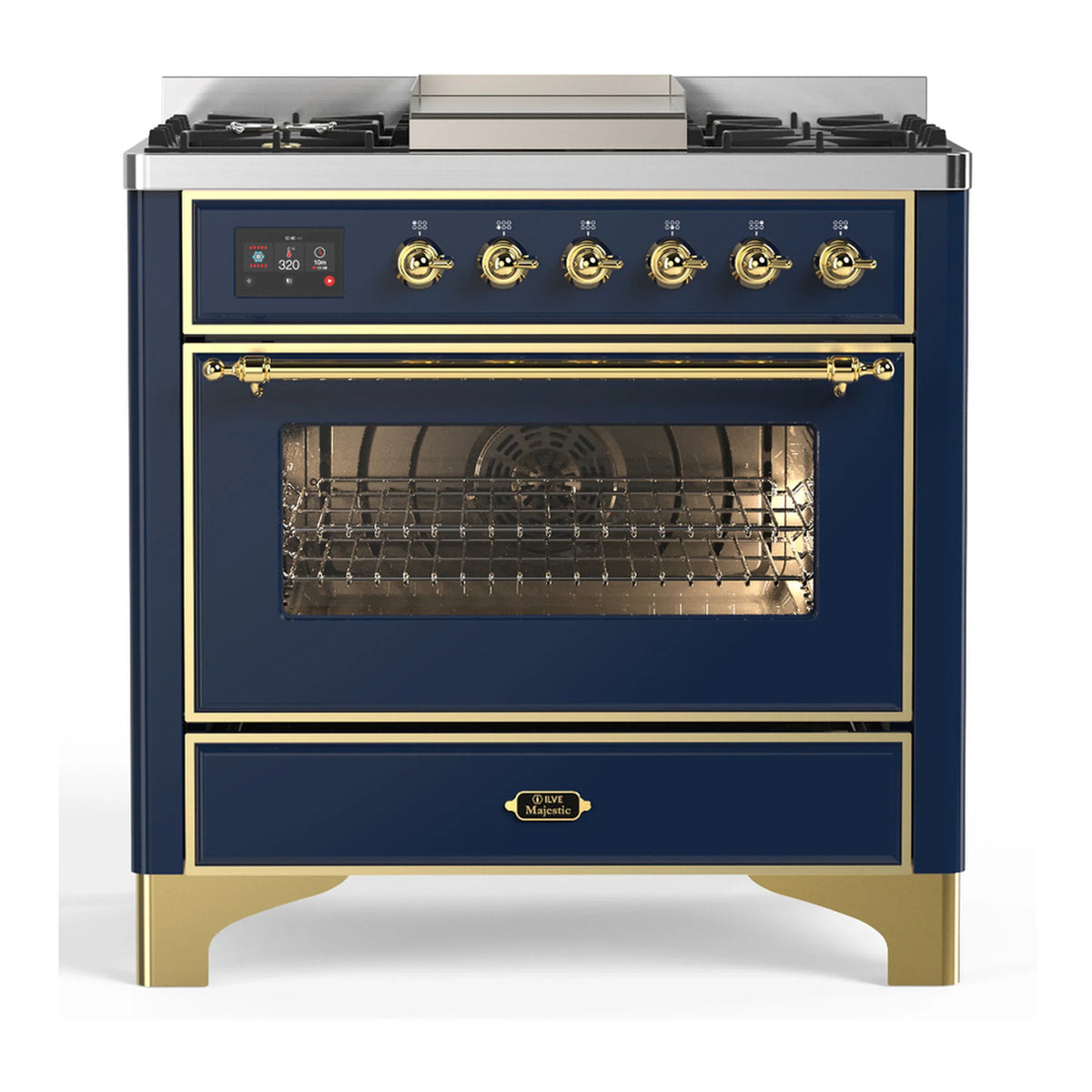 ILVE Majestic III 36-Inch Natural Gas Dual Fuel Range, 6 Burners, Griddle, Triple Glass Door, Midnight Blue with Brass Trim (UM36FNR3MBG)