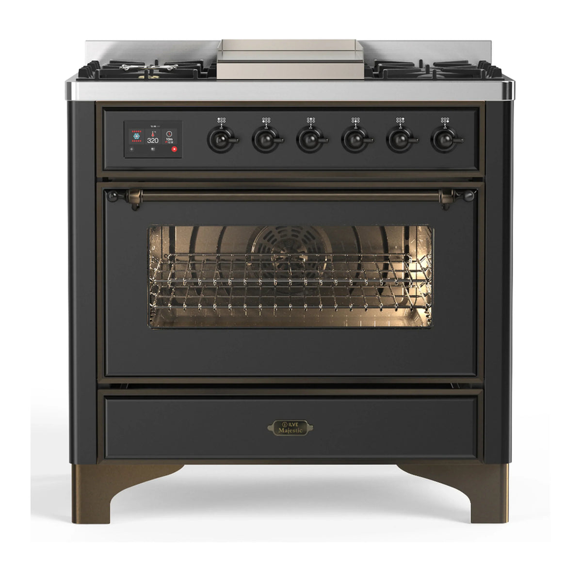 ILVE Majestic III 36-Inch Natural Gas Dual Fuel Range, 6 Burners, Griddle, Triple Glass Door, Matte Graphite with Burnished Trim (UM36FNR3MGB)