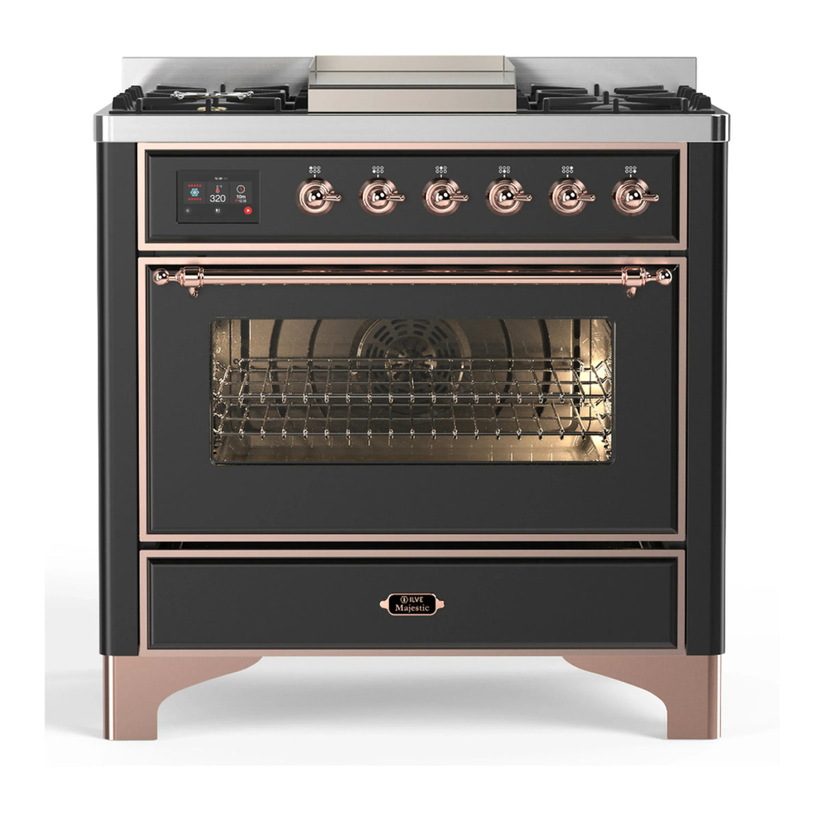 ILVE Majestic III 36-Inch Propane Dual Fuel Range, 5 Burners, Griddle, Triple Glass Door, Matte Graphite with Copper Trim (UM36FNR3MGPLP)