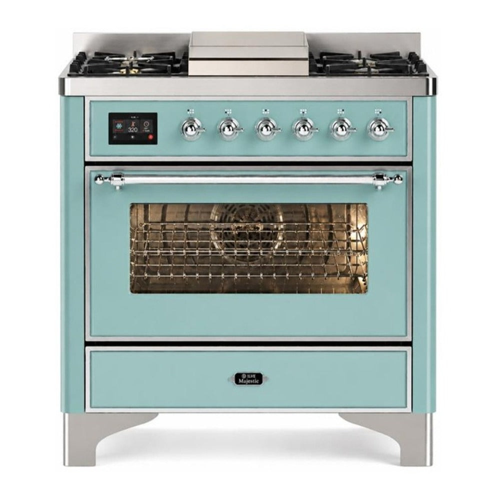 ILVE Majestic III 36-Inch Propane Dual Fuel Range, 5 Burners, Griddle, Triple Glass Door, Mediterranean Mint with Chrome Trim (UM36FNR3MMCLP)