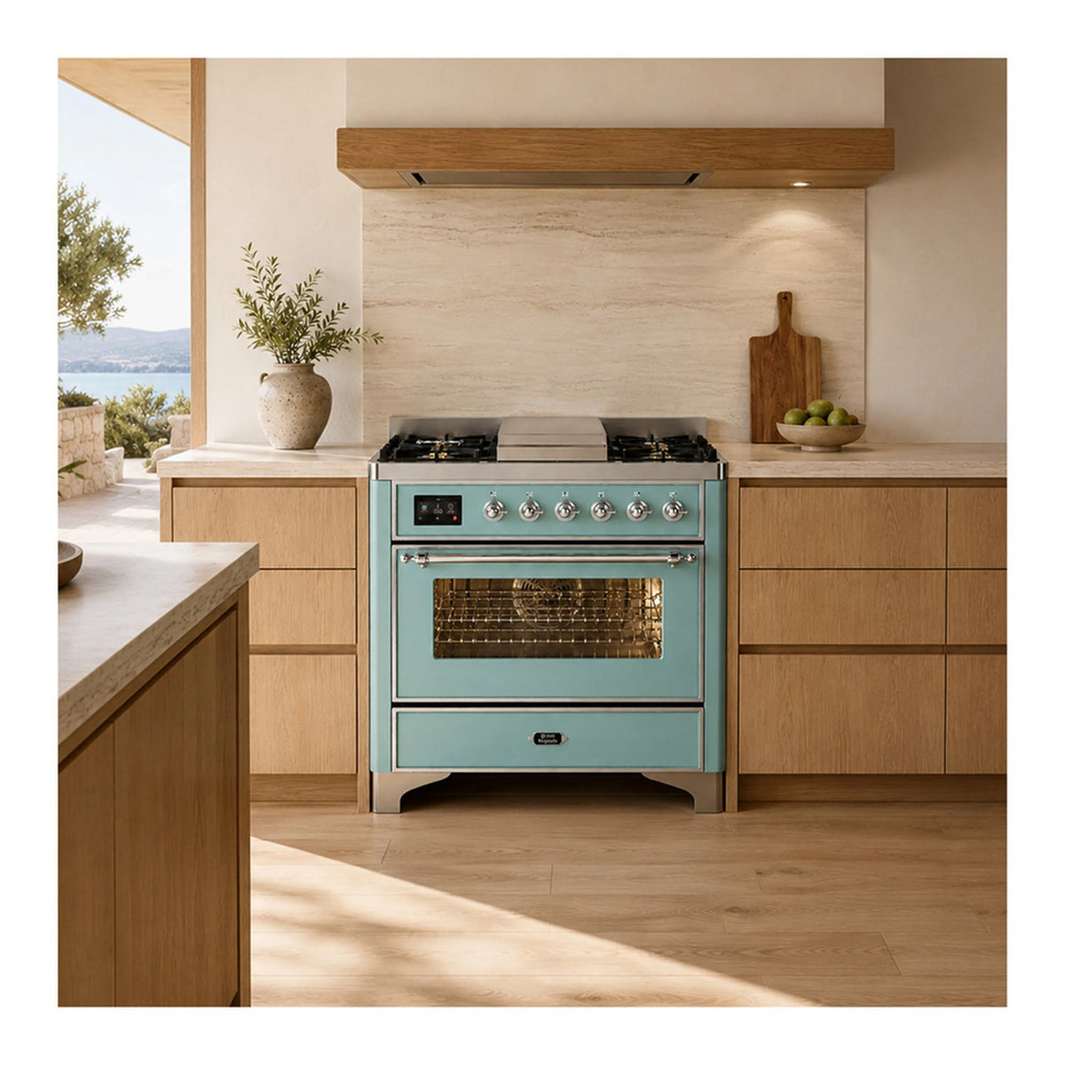 ILVE Majestic III 36-Inch Dual Fuel Range, 6 Burners, 25,000 BTU Dual Burner, Griddle, Triple Glass Door, Mediterranean Mint with Chrome (UM36FNR3MMC)