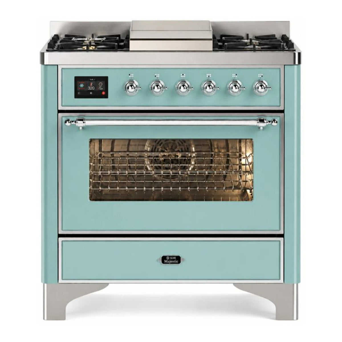 ILVE Majestic III 36-Inch Dual Fuel Range, 6 Burners, 25,000 BTU Dual Burner, Griddle, Triple Glass Door, Mediterranean Mint with Chrome (UM36FNR3MMC)