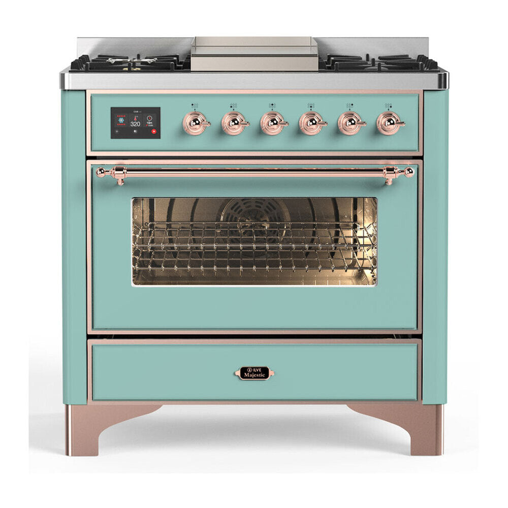 ILVE Majestic III 36-Inch Propane Dual Fuel Range, 5 Burners, Griddle, Triple Glass Door, Mediterranean Mint with Copper Trim (UM36FNR3MMPLP)