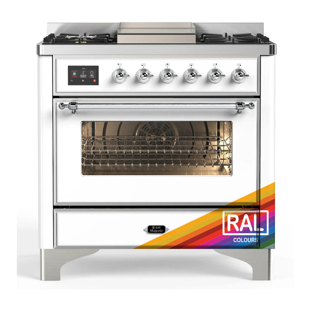 ILVE Majestic III 36-Inch Propane Dual Fuel Range, 5 Burners, Griddle, Triple Glass Door, RAL with Chrome Trim (UM36FNR3RACLP)