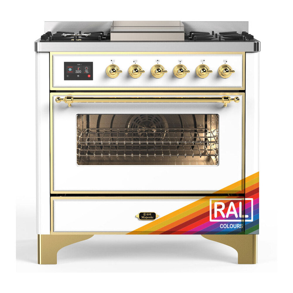 ILVE Majestic III 36-Inch Propane Dual Fuel Range, 5 Burners, Griddle, Triple Glass Door, RAL with Brass Trim (UM36FNR3RAGLP)