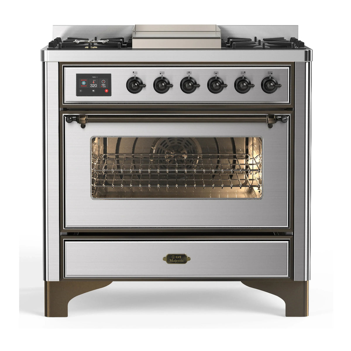 ILVE Majestic III 36-Inch Natural Gas Dual Fuel Range, 6 Burners, Griddle, Triple Glass Door, Stainless Steel with Burnished Trim (UM36FNR3SSB)