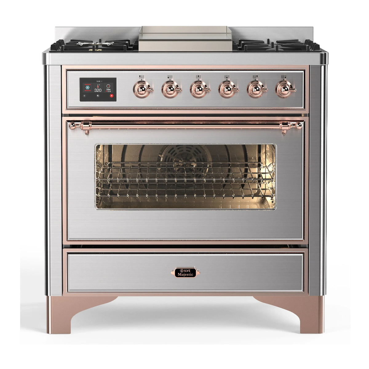 ILVE Majestic III 36-Inch Propane Dual Fuel Range, 5 Burners, Griddle, Triple Glass Door, Stainless Steel with Copper Trim (UM36FNR3SSPLP)