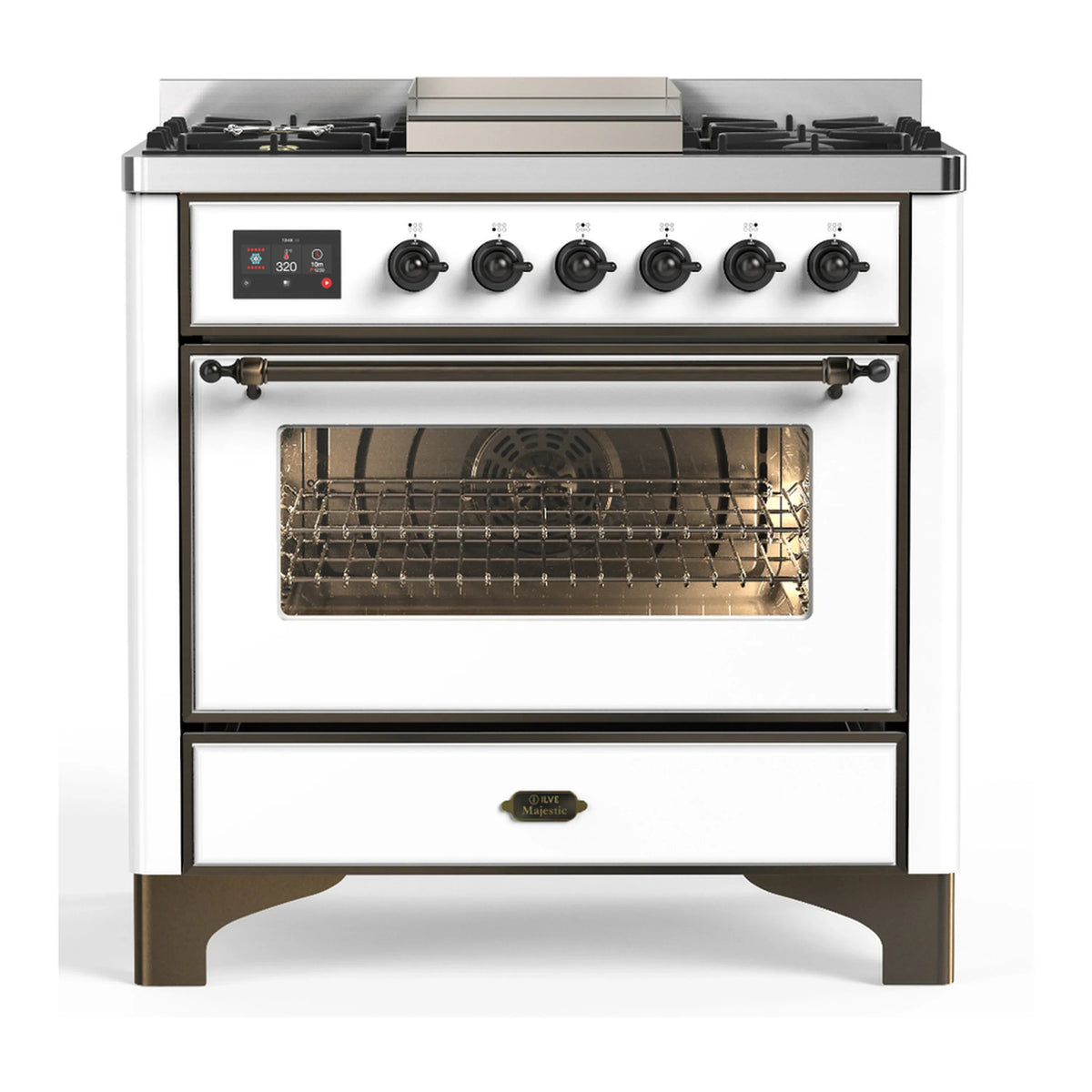 ILVE Majestic III 36-Inch Propane Dual Fuel Range, 5 Burners, Griddle, Triple Glass Door, White with Burnished Trim (UM36FNR3WHBLP)