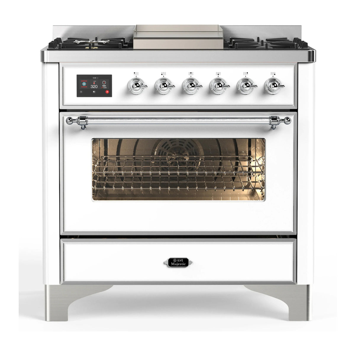 ILVE Majestic III 36-Inch Propane Dual Fuel Range, 5 Burners, Griddle, Triple Glass Door, White with Chrome Trim (UM36FNR3WHCLP)