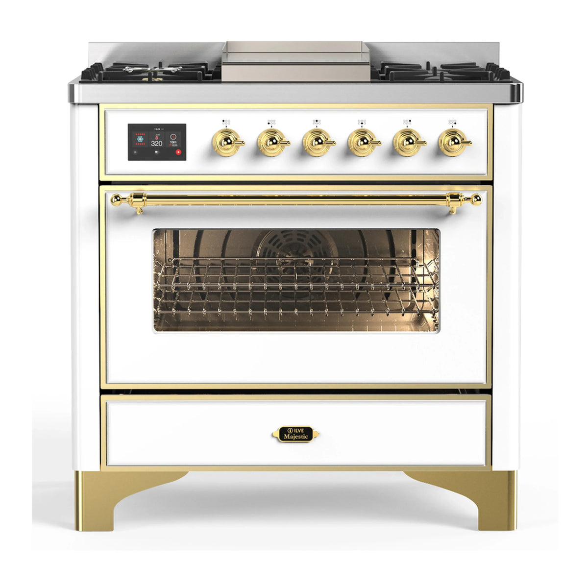 ILVE Majestic III 36-Inch Propane Dual Fuel Range, 5 Burners, Griddle, Triple Glass Door, White with Brass Trim (UM36FNR3WHGLP)