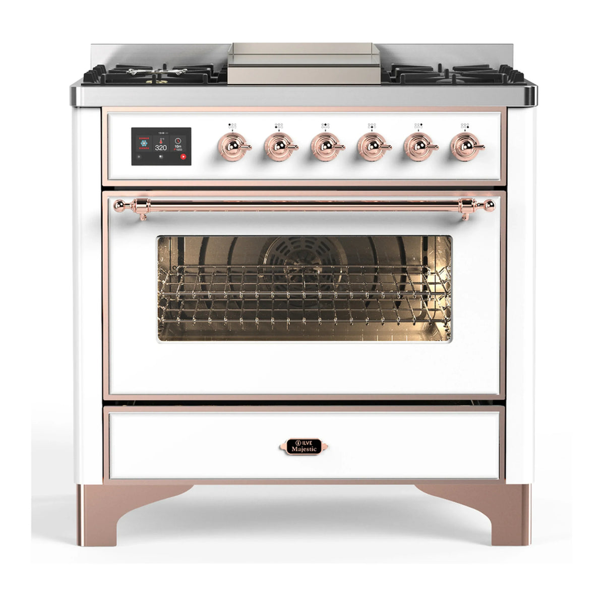 ILVE Majestic III 36-Inch Propane Dual Fuel Range, 5 Burners, Griddle, Triple Glass Door, White with Copper Trim (UM36FNR3WHPLP)