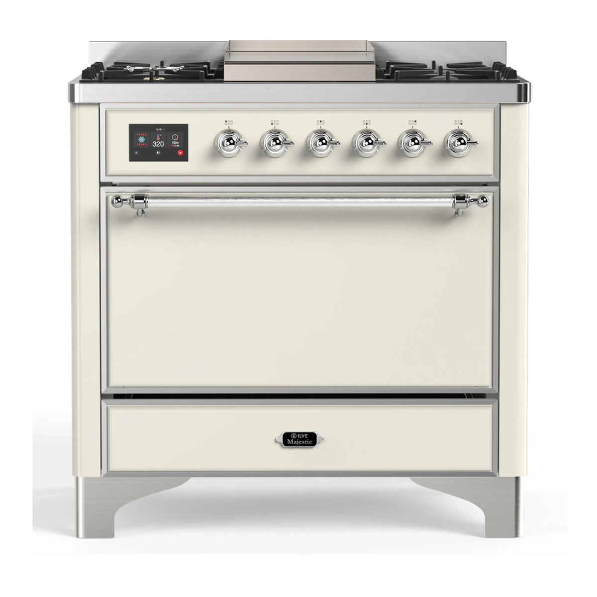 ILVE Majestic III 36-Inch Propane Dual Fuel Range, 5 Burners, Griddle, Solid Door, Antique White with Chrome Trim (UM36FQNR3AWCLP)