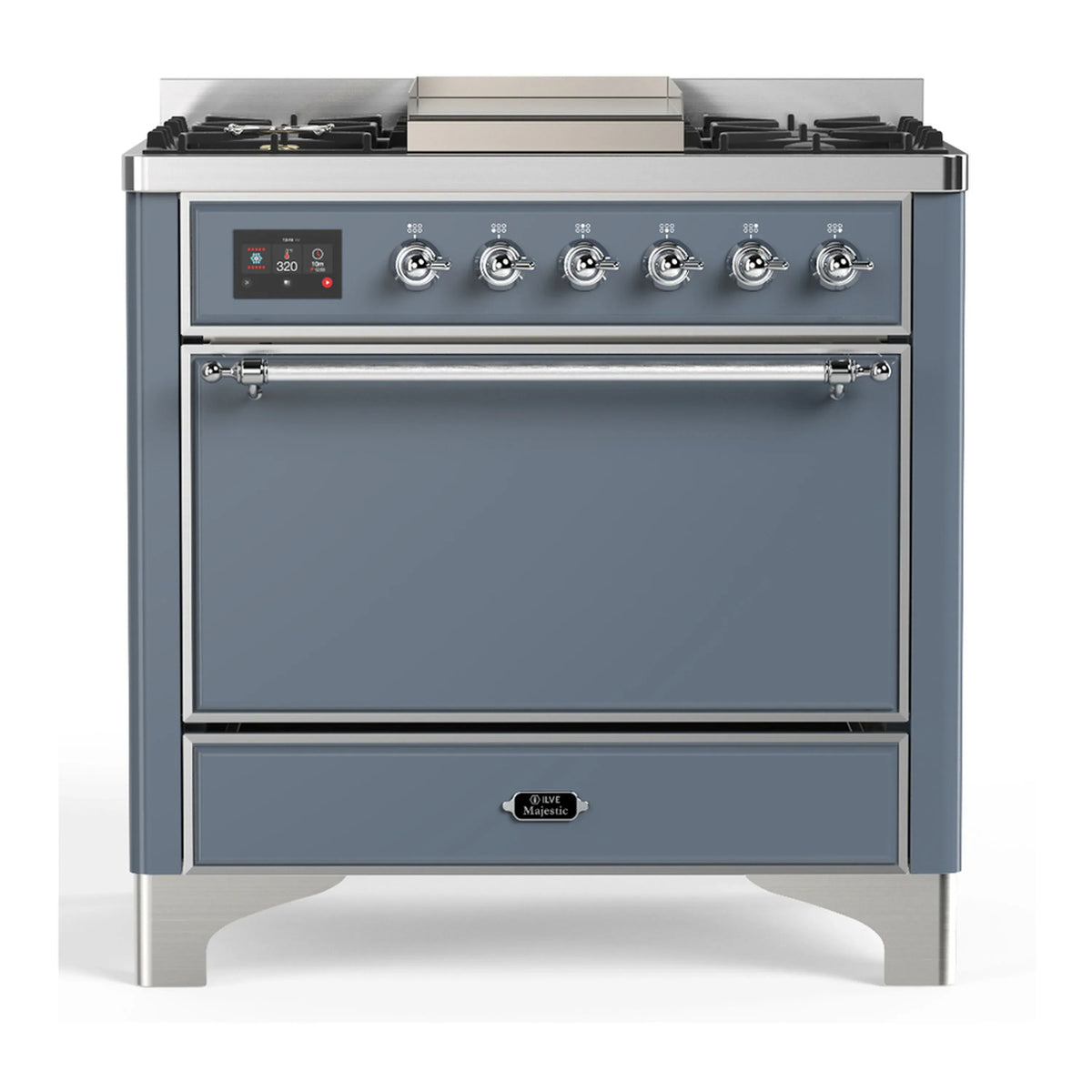 ILVE Majestic III 36-Inch Natural Gas Dual Fuel Range, 6 Burners, Griddle, Solid Door, Blue Grey with Chrome Trim (UM36FQNR3BGC)