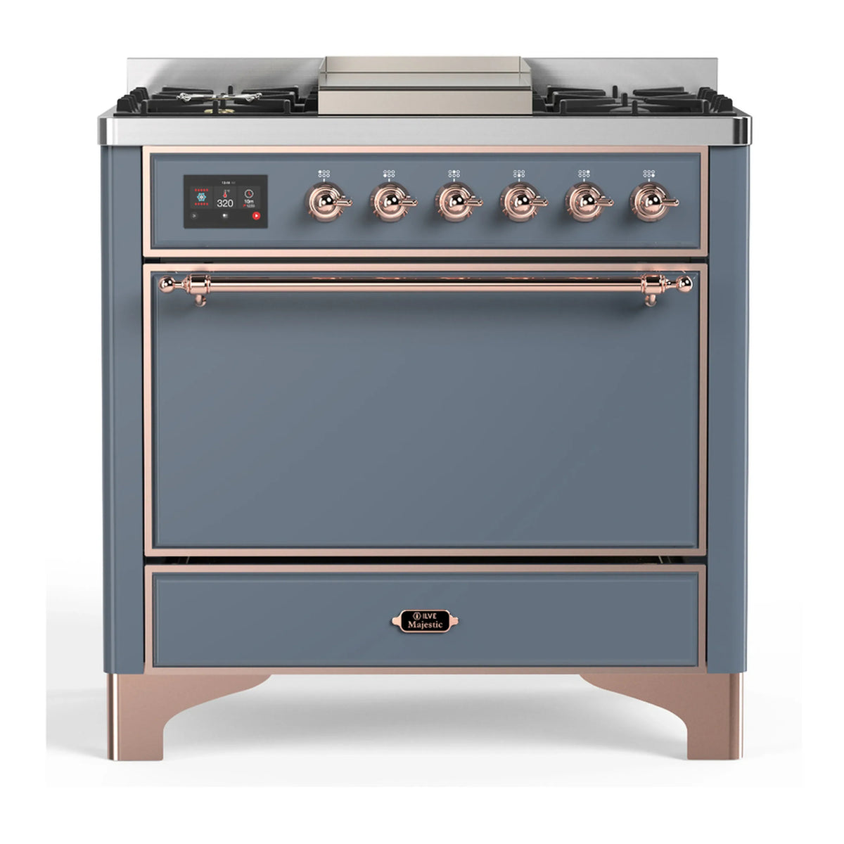 ILVE Majestic III 36-Inch Natural Gas Dual Fuel Range, 6 Burners, Griddle, Solid Door, Blue Grey with Copper Trim (UM36FQNR3BGP)