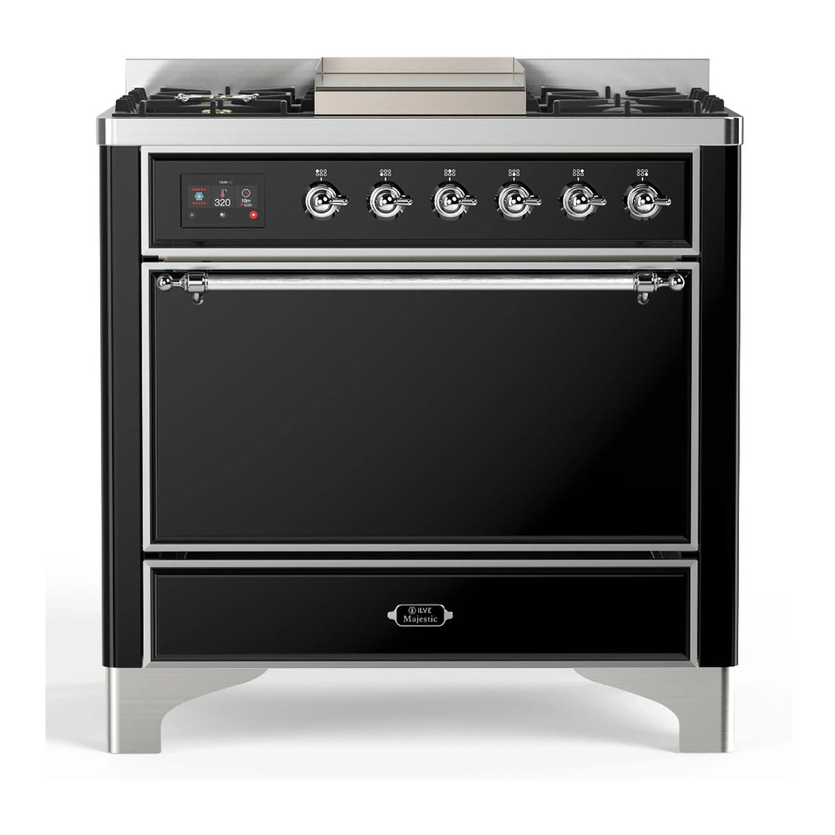 ILVE Majestic III 36-Inch Natural Gas Dual Fuel Range, 6 Burners, Griddle, Solid Door, Glossy Black with Chrome Trim (UM36FQNR3BKC)